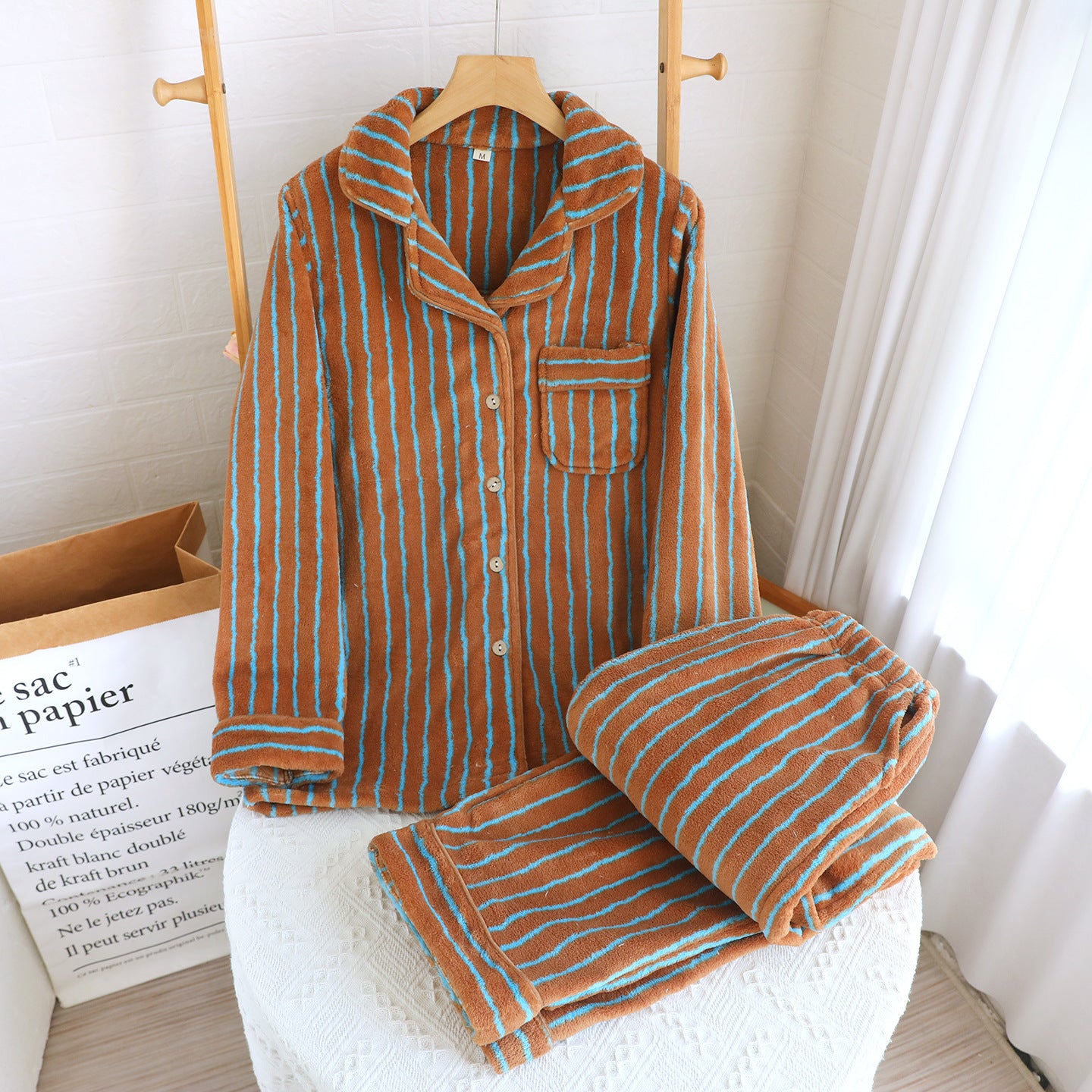 Striped Flannel Unisex Lapel Pajama Set