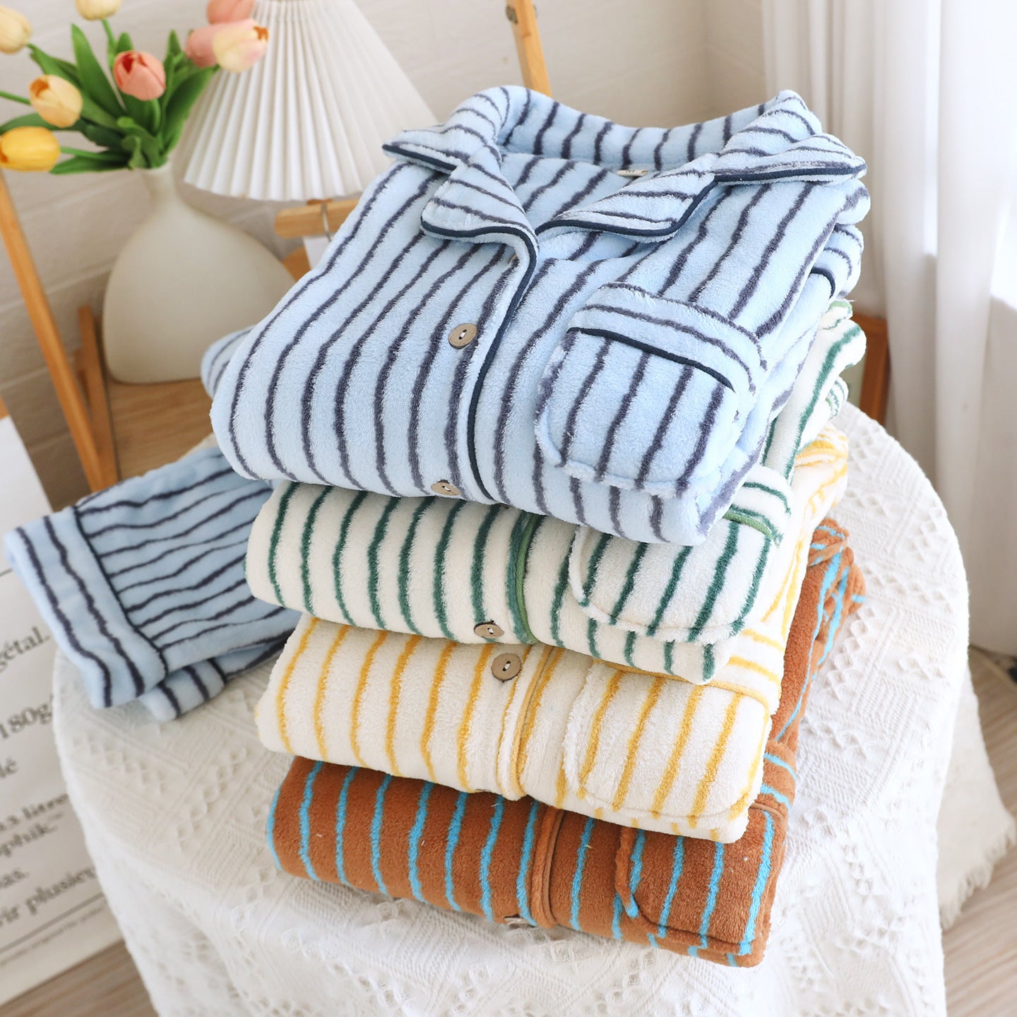 Striped Flannel Unisex Lapel Pajama Set