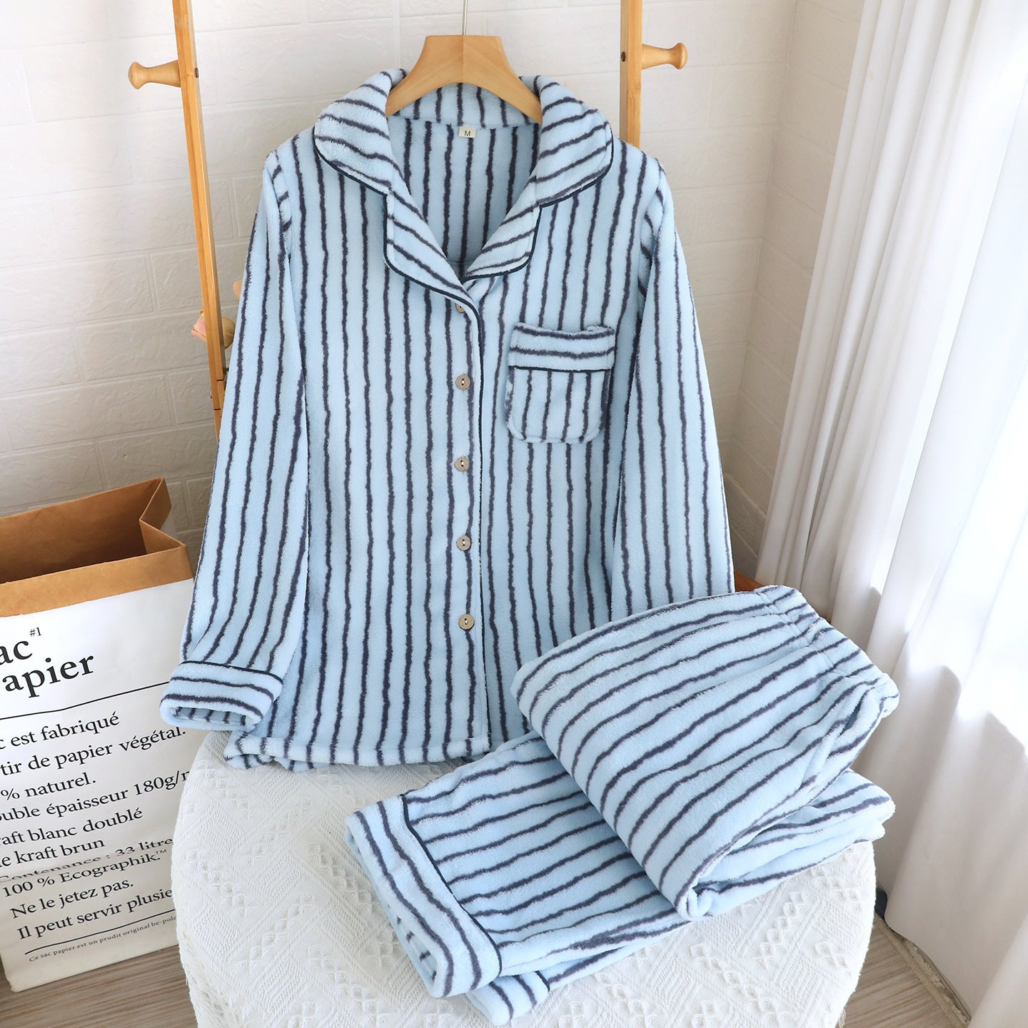Striped Flannel Unisex Lapel Pajama Set