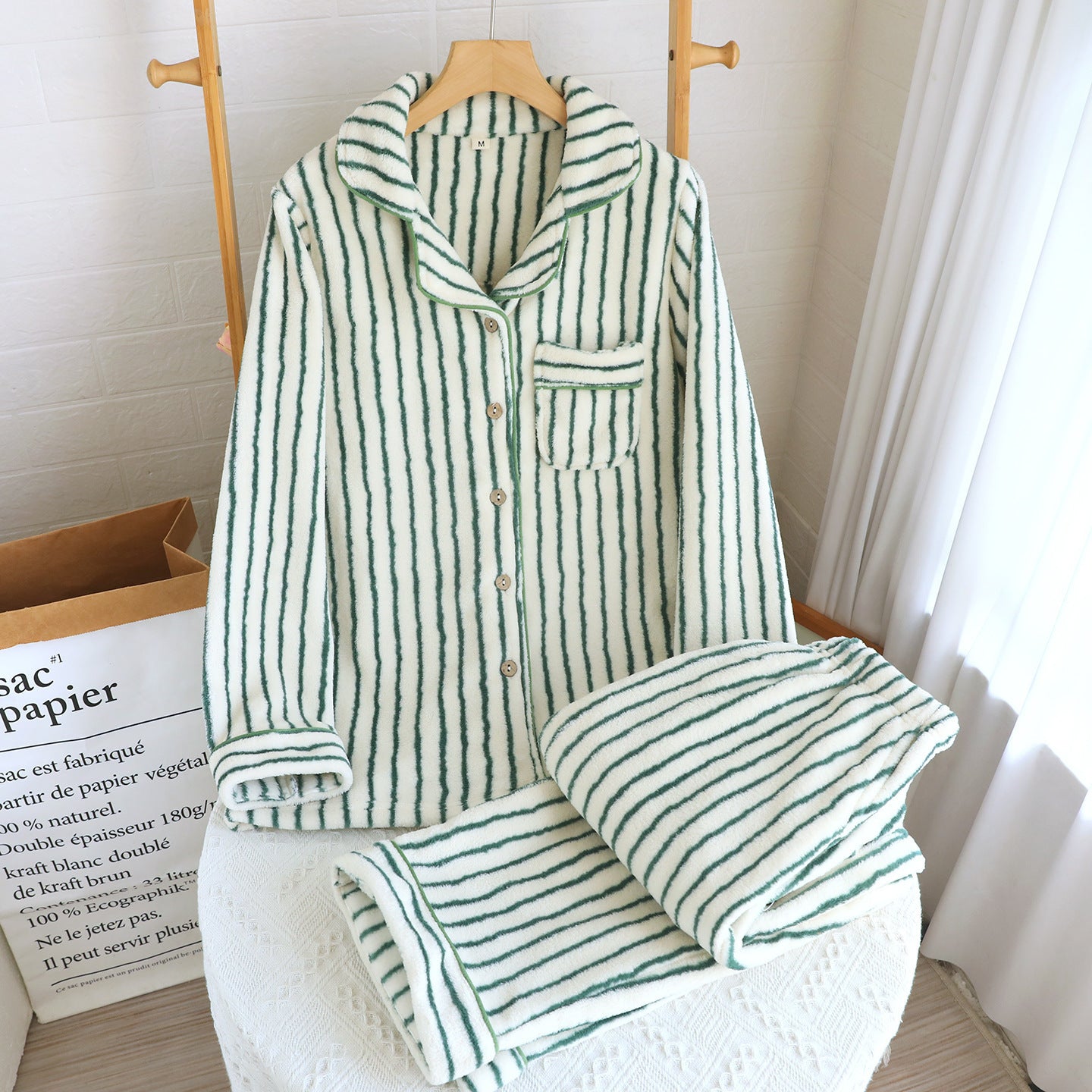 Striped Flannel Unisex Lapel Pajama Set