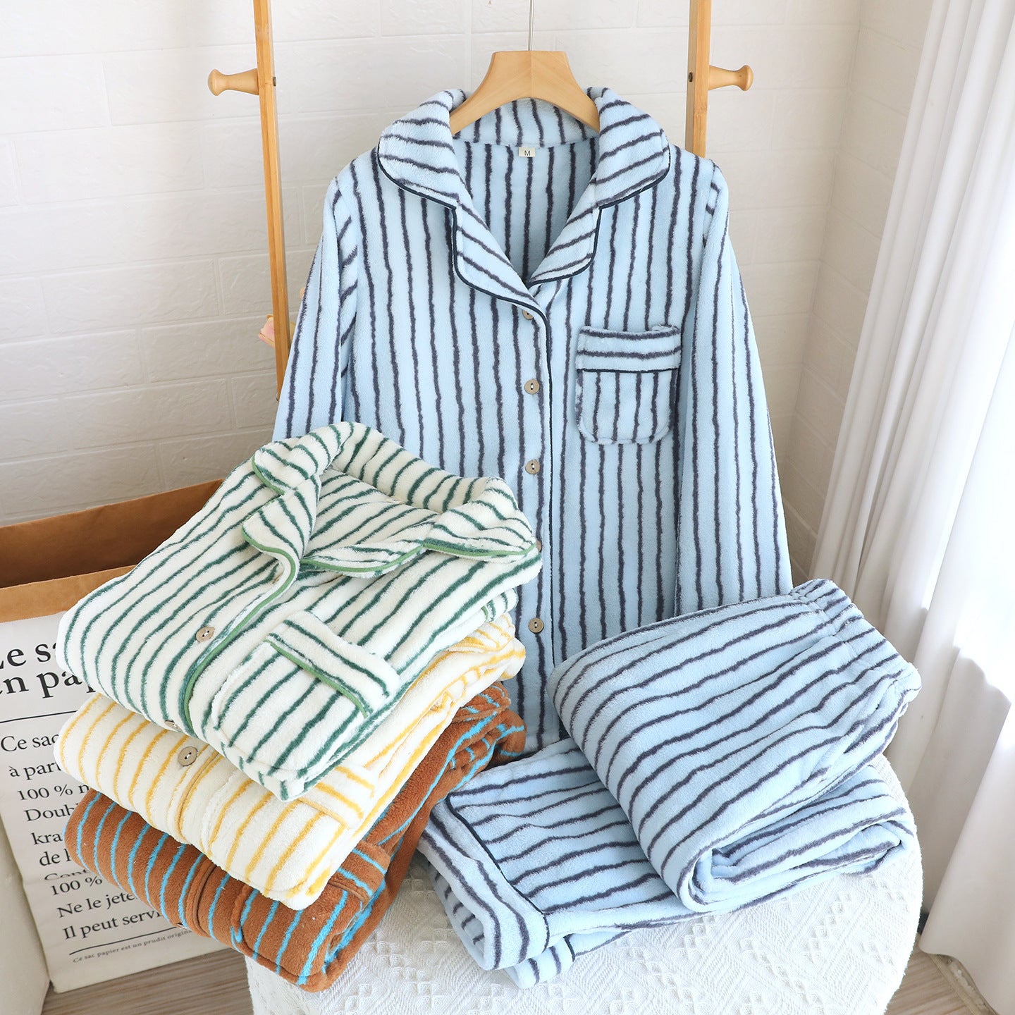 Striped Flannel Unisex Lapel Pajama Set