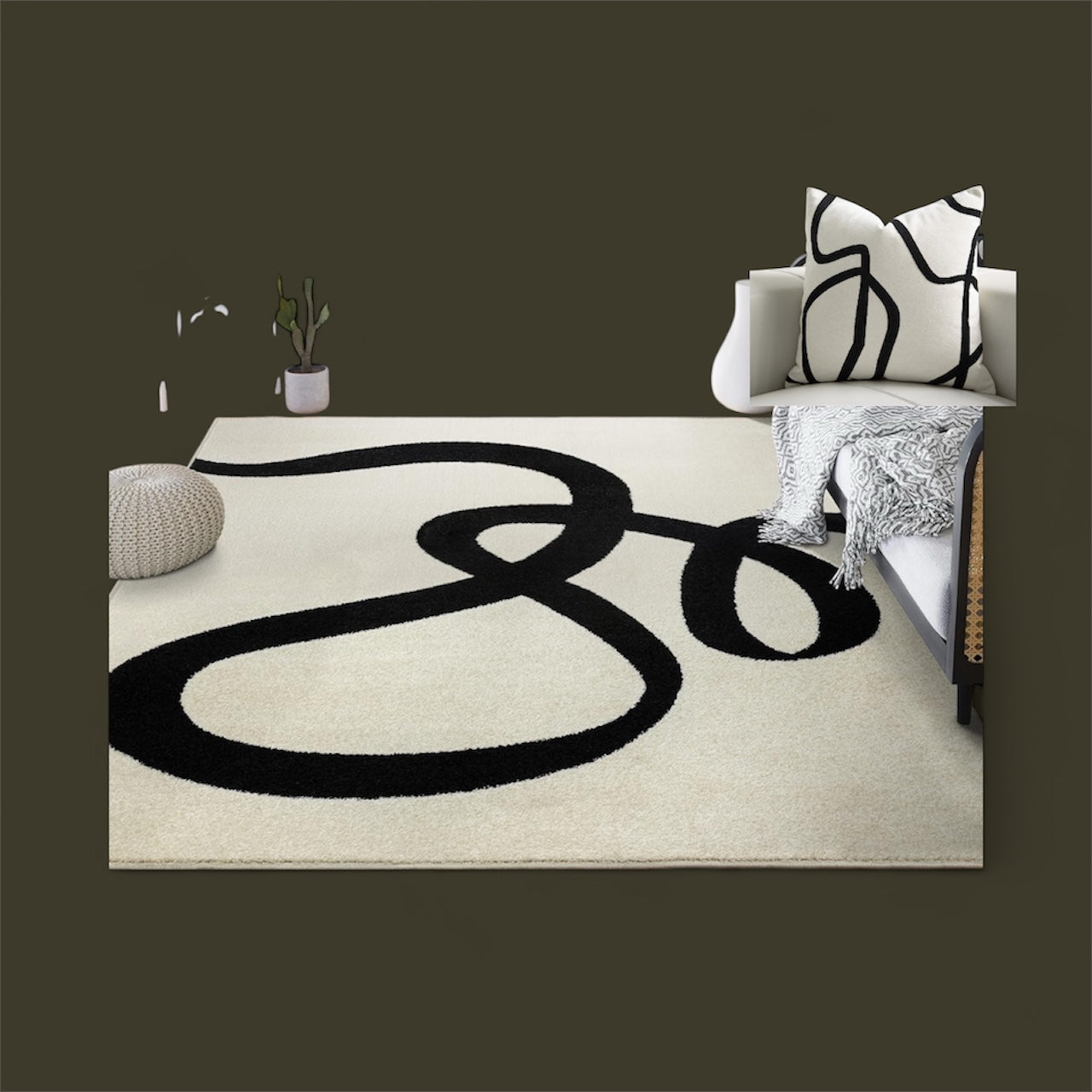 Modern Minimalist Area Rug – Beige & Black Abstract