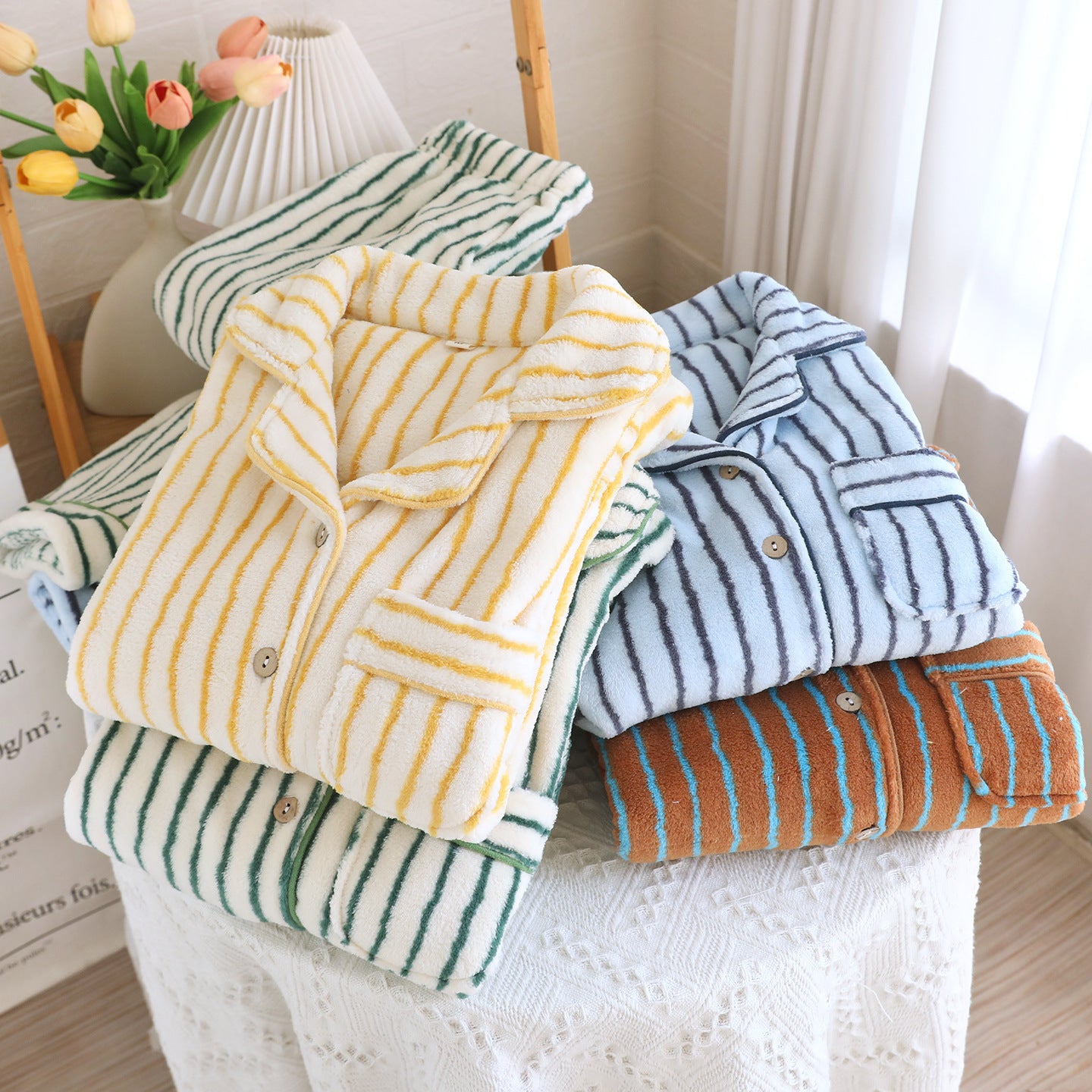 Striped Flannel Unisex Lapel Pajama Set